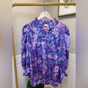 Umgee Purple Floral Blouse Ruffle Neck Boho Top Long Sleeve Size Small